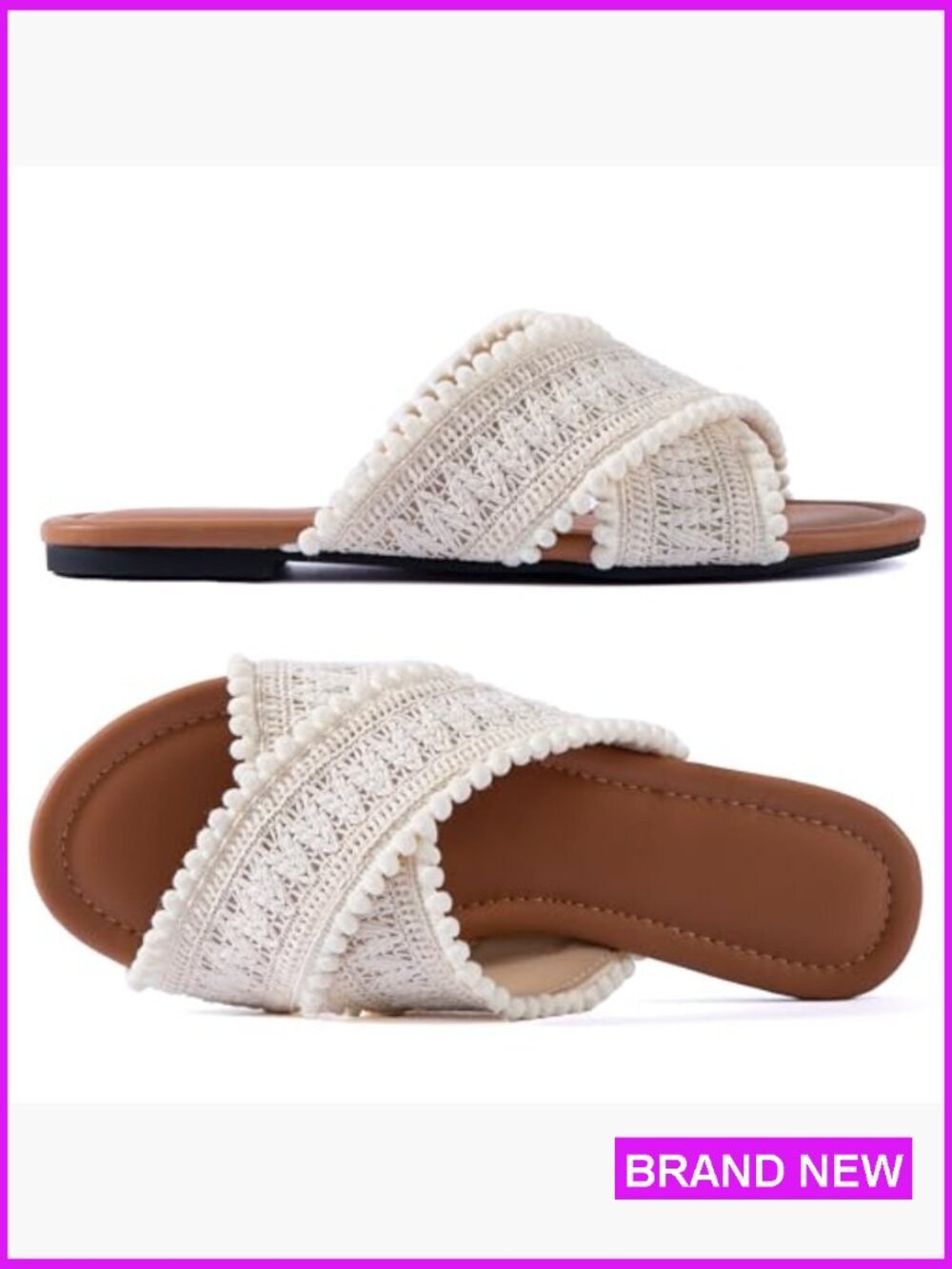 Women Crisscross Flat Sandals Woven Macrame Pom Pom Trim Slide Sandals - Picture 3 of 7